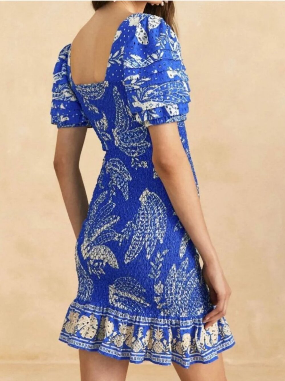 Farm Rio Blue Floral Banana Smocked Puff Sleeve Summer Dress Size L
